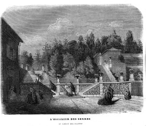 De trap van de kassen in de Jardin des Plantes in Parijs in 1858.