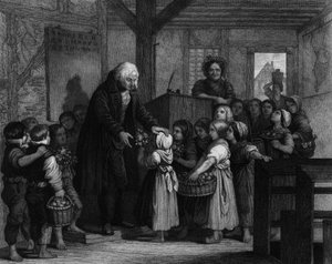 De leerlingen van een klas komen samen om bloemen te geven aan hun schoolmeester op zijn verjaardag. Gravure uit de 19e eeuw door Unknown artist