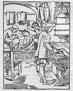 Het atelier van de kleermaker in de 16e eeuw, het snijden van stoffen - In The picturesque store 1836