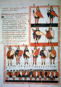 De tien koningen van de apocalyps met speren en schilden met hun troepen. Miniatuur in Beatus de Liebana, Commentaar op de Apocalyps door Unknown artist