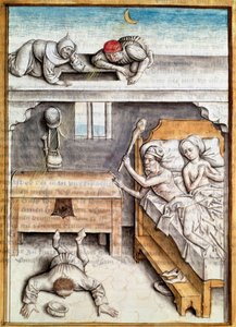 De dief die in een huis inbrak wordt gestraft Miniatuur uit een Duitse vertaling van de fabels van 