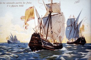 De drie karvelen van Columbus vertrekken uit Palos op 3/08/1492