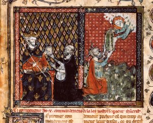 De vertaler monnik presenteert zijn boek aan koning Filips III van Frankrijk genaamd de Stoute (1270-1285). Miniatuur uit De Christelijke Leer, door St. Augustinus (?) door Unknown artist