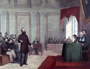Het proces van Felice Orsini die de aanslag op Napoleon III pleegde op 14 januari 1858. Lithografie uit het einde van de 19e eeuw. Milaan, privécollectie