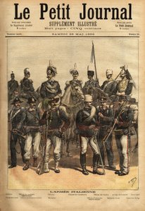 De uniformen van het Italiaanse leger, een paard van links naar rechts: de artillerie, de cavalerieofficier, de generaal, de kolonel van de carabinieri, de officier van de gidsen, het 10e regiment van speren, de honderdste. Staand van links naar rechts: de door Unknown artist