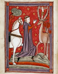 De visie van Sint Eustatius. Sint Eustachius tegenover een hert met een afbeelding van Christus gekruisigd tussen zijn gewei. Miniatuur uit een 13e-eeuws manuscript door Unknown artist