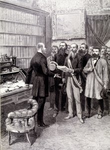 Het bezoek van de arbeidersafgevaardigden aan het Palais Bourbon (Jules Guesde, Mr Ferroul, Mr Baudin en Mr Thivrier) aan de secretaris-generaal van het voorzitterschap: Mr Martin, tijdens de demonstratie op 1 mei