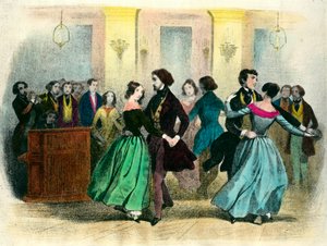 De wals: een bal in de middenklasse. 19e-eeuwse lithografie