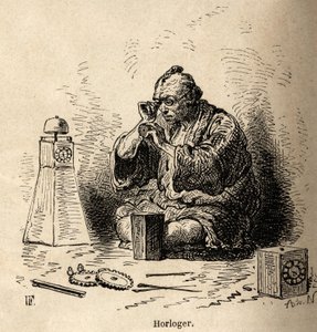 De horlogemaker en zonnewijzerfabrikant, in zijn werkplaats, gehurkt voor een kleine aambeeld, zijn gereedschap verspreid op de vloer om hem heen. Gravure ter illustratie van de reis naar Japan, door Aime Humbert, minister van de Zwitserse Confederatie, in