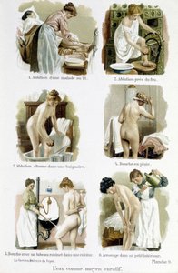 De vrouw, thuisdokter: water als genezend middel. 1. Wassing van een zieke in bed, 2. Wassing door vuur, 3. Afwisselende wassing in een badkuip, 4. Regendouche, 5. Douche met een kraanbuis van een keuken, 6. Besproeiing in een kleine binnenruimte - in "De  door Unknown artist