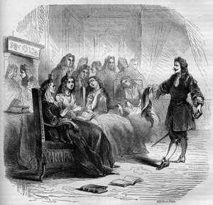 De schrijver Georges de Scudery (1598-1667) tijdens een literaire salon georganiseerd door zijn zus, Madeleine de Scudery, in 1650. Gravure uit 1860-1861 door Unknown artist
