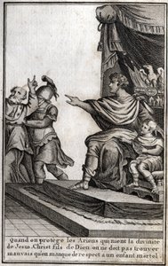 Theodosius I (Flavius Theodosius) (347-395), Romeins keizer, liet Amphiloque, bisschop van Icone, arresteren wegens gebrek aan respect voor zijn zoon, Arcadius (377-408). De bisschop verklaart: "Wanneer we de Arianen beschermen die de goddelijkheid van Jez door Unknown artist