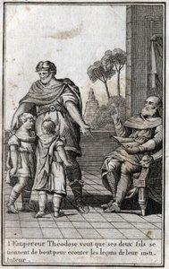 Theodosius I, Romeins keizer, wil dat zijn twee zonen, Arcadius en Honorius, opstaan om naar de lessen van hun leraar te luisteren. 4e eeuw. Gravure in 