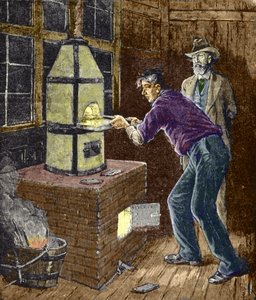 Thomas Edison experimenteert rond 1879 met carbonpapier voor de gloeilamp door Unknown artist