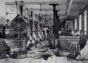 Tabaksfabriek, wasruimte en tabaksraspen. Gravure rond 1867. Parijs, Musee Carnavalet