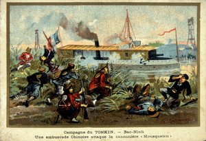 Tonkin Campagne: in Bac-Ninh, een Chinese hinderlaag valt de kanonneerboot 