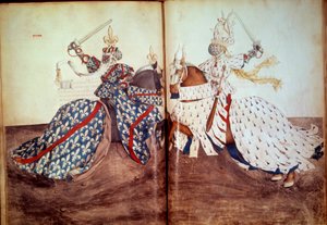 Toernooi: Spel van de roepende heer en de verdedigende heer (Hertog van Bretagne en Hertog van Bourbon tegenover elkaar)