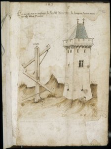 Torenmeetinstrument - Manuscript: perkamentblad van een ingenieurshandboek voor de bouw van civiele, religieuze en militaire gebouwen, anoniem, eind 15e eeuw (figuur in Chinese inkt) door Unknown artist