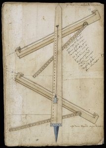 Torenmeetinstrument - Manuscript: perkamentblad van een ingenieurshandboek voor de bouw van civiele, religieuze en militaire gebouwen, anoniem, eind 15e eeuw (figuur in Chinese inkt) door Unknown artist