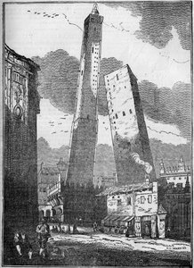Toren van Bologna - de Asinelli-toren en de kleinere Garisenda-toren - gravure 19e eeuw. door Unknown artist