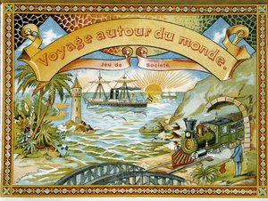 Trein, vuurtoren en boot, omslag spel Reis rond de wereld, 19e eeuw door Unknown artist