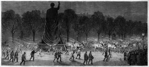 Verplaatsing van het standbeeld van de Republiek (Marianne in brons, 9,50 m hoog), van de werkplaatsen van de heer Thiebaut naar de Place de la Republique in Parijs in 1883 door Unknown artist