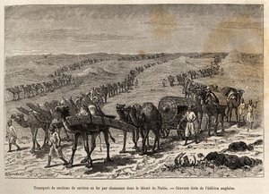 Transport van ijzeren scheepssecties door kamelen, in de woestijn van Nubië (Soedan), gravure ter illustratie van een gewapende expeditie in Centraal-Afrika, voor de onderdrukking van de zwarte handel