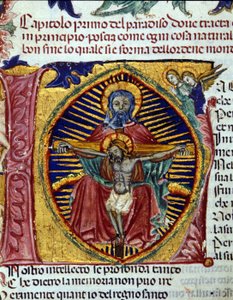Drie-eenheid (de duif van de Heilige Geest is te zien in de baard van de Vader). Verlicht codex door Unknown artist