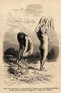 Twee Siriniris-indianen proberen een broek en vest aan te trekken, die een lid van de expeditie te drogen had gelegd aan de oever van de meren aan de voet van de berg Basiri (Peru). Gravure ter illustratie van de reis in de valleien van Quinquinas (Peru), 