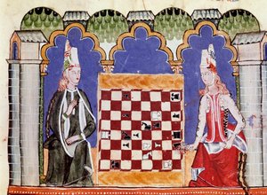 Twee vrouwen die schaken. Miniatuur uit het manuscript 