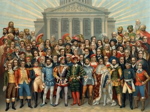 UNIVERSEEL PANTHEON VAN BELANGRIJKE BEKENDE MANNEN chromolithografie van Sauvage