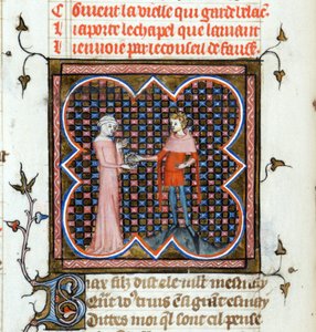 Een jonge man en een oude vrouw - Verlichte pagina uit het manuscript 