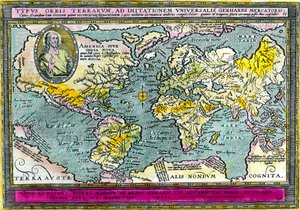 Universele geografische kaart (wereldkaart) van 1596. Gravure. Privécollectie. door Unknown artist