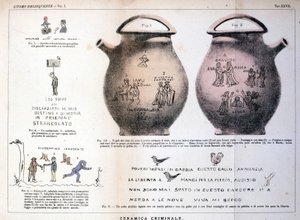 Diverse illustraties en inscripties achtergelaten door criminelen op keramische vazen: studie door Cesare Lombroso (1835-1909), Italiaanse criminoloog in 