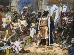 Vasco da Gama levert de brief van koning Manuel van Portugal aan de Samorim van Calicut - naar schilderij, c. door Unknown artist