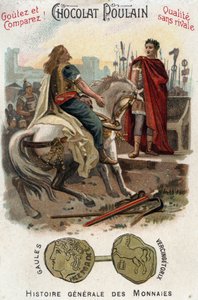 Vercingetorix (72-46 v.Chr.), leider van de Gallische opstand, legt de wapens neer aan de voeten van Caesar (100-44 v.Chr.), na definitief de stad Alesia te hebben verloren - In Algemene Geschiedenis van Munten - Chocolade-Foal Chromolithografie van de lat