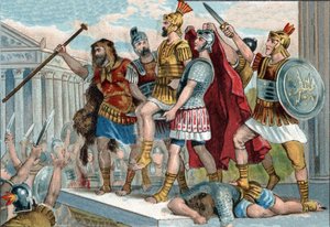 Vespasianus (in het Latijn Titus Flavius Vespasianus) (9-79) werd door zijn soldaten tot keizer uitgeroepen. Chromolithografie rond 1890. door Unknown artist