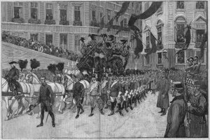 Wenen 1889: De begrafenis van Prins Rodolph (Aartshertog Rodolph van Habsburg (1858 - 1889), kroonprins van Oostenrijk.) De processie voor de Franse ambassade.