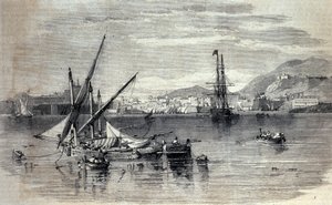 Uitzicht op Corfu in Griekenland vanaf het eiland Vido. Gravure van het begin van de 19e eeuw door Unknown artist
