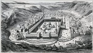 Uitzicht op Mekka en zijn grote moskee ten tijde van het bezoek van de pelgrims. Gravure 19e eeuw.