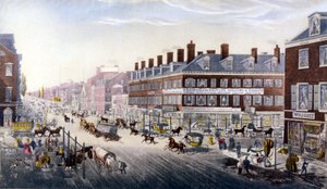 Gezicht op New York: Broadway. Gravure uit 1840.
