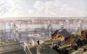Uitzicht op de haven van New York. Lithografie ca. midden 19e eeuw.