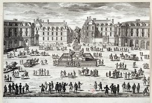 Uitzicht op Place des Victoires in Parijs met het standbeeld van Lodewijk XIV opgericht door de maarschalk de la Feuillade in 1686. Gravure van de 17e eeuw Parijs, Musee Carnavalet door Unknown artist