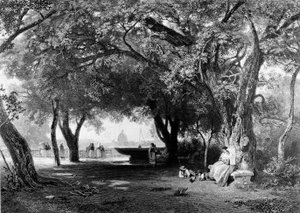 Uitzicht op Rome vanaf de Pincio waar de Villa Medici staat. Op de achtergrond zien we de koepel van Sint-Pieter. Gravure, circa 1840.