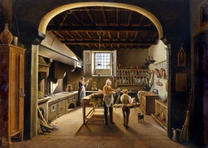 Zicht op een keuken: mensen zijn bezig door Unknown artist