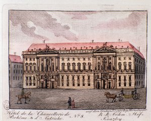Zicht op het Hotel van de Kanselarij van Bohemen en Oostenrijk in Wenen, Oostenrijk. Gravure uit 1815 Privécollectie door Unknown artist