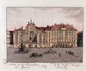 Uitzicht op het Hotel van de Oorlogskanselarij in Wenen, Oostenrijk. Gravure uit 1815 door Unknown artist