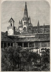 Uitzicht op het klooster van Bathala in Portugal. Gravure in 