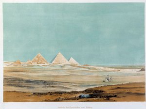 Zicht op de piramides van Gizeh (Guizeh, Giza, Gizeh), Egypte. Illustratie van de 19e eeuw Parijs, Collège de France door Unknown artist