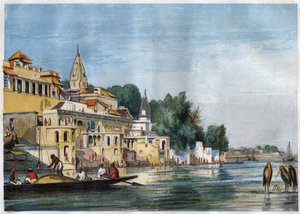Uitzicht op de Sutti Chowra Ghat aan de Ganges, in Cawnpore (Kanpur), India in 1857.